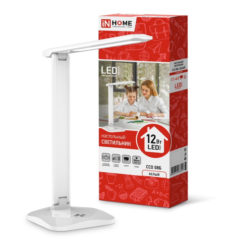 Светильник настольный светодиодный SIMPLE ССО-08Б 12Вт 600Лм сенсор, адаптер БЕЛЫЙ IN HOME